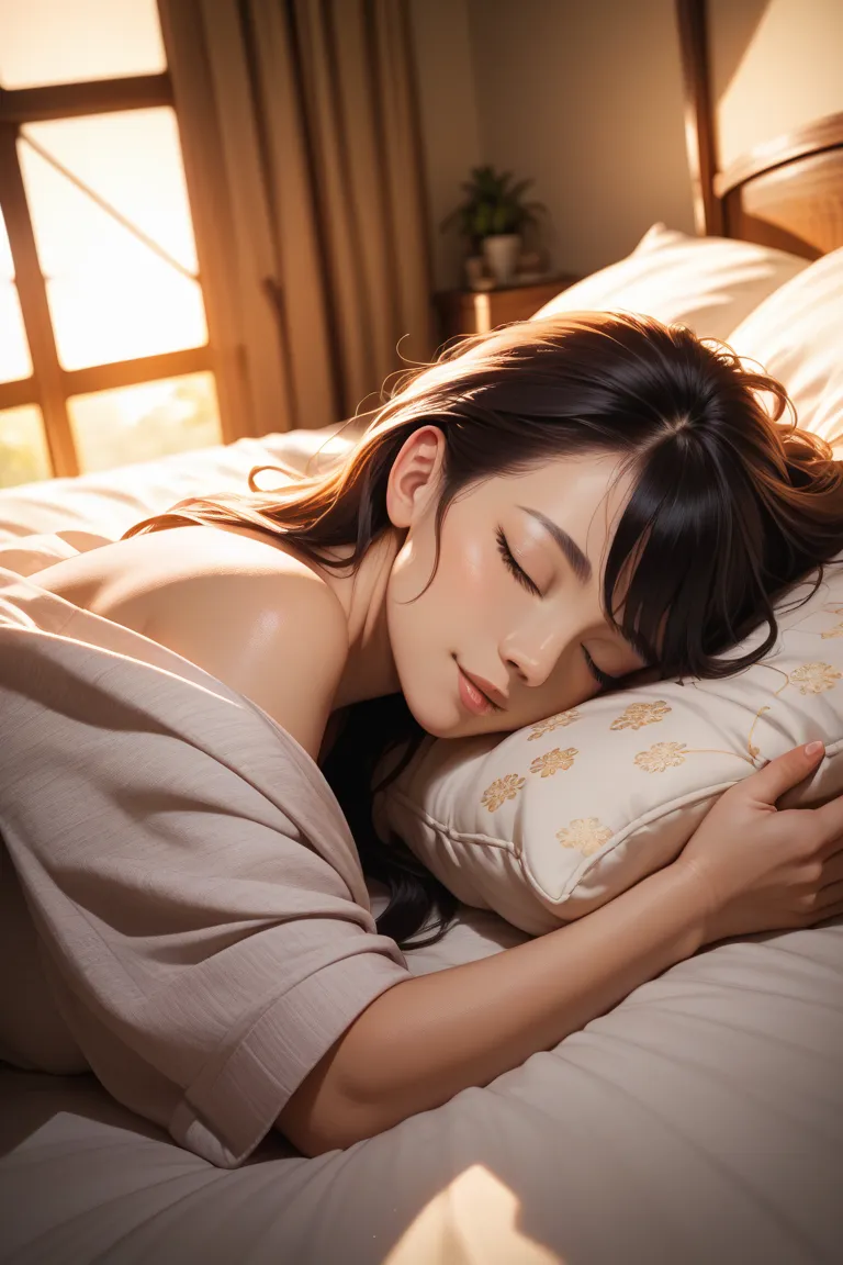 Anime image of a sleeping dark-haired Japanese lying on a bed and peeling over here