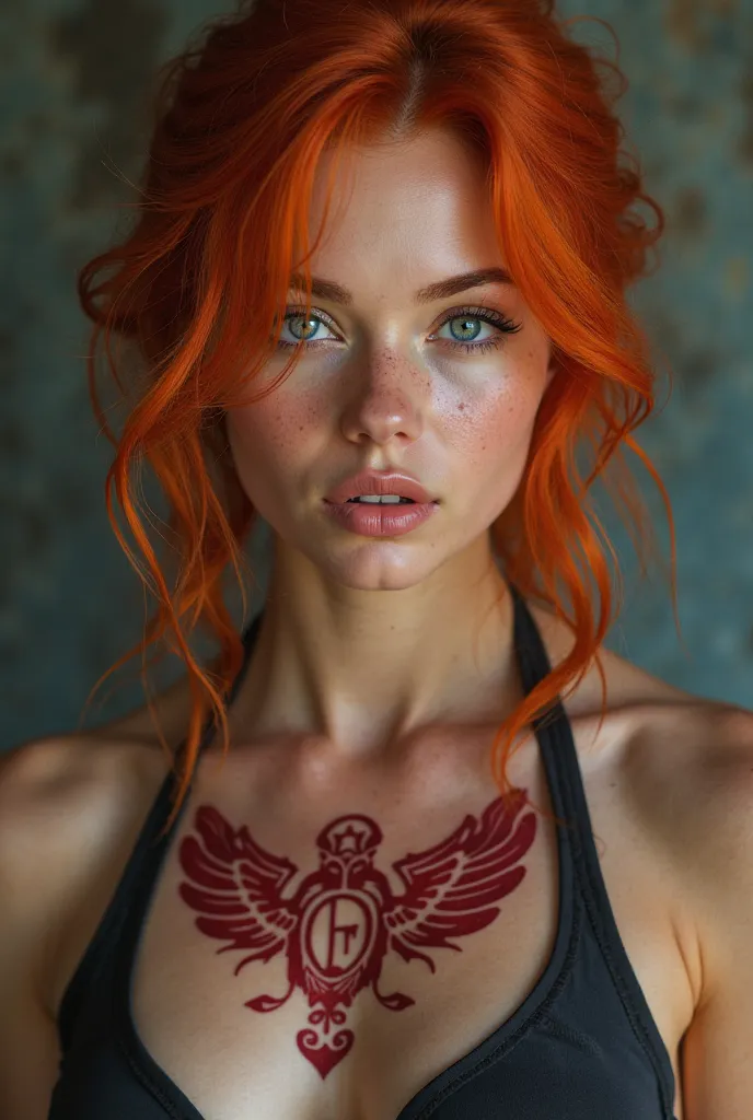 25-year-old redhead woman with athletic body, blue eyes and red piquine tattoo