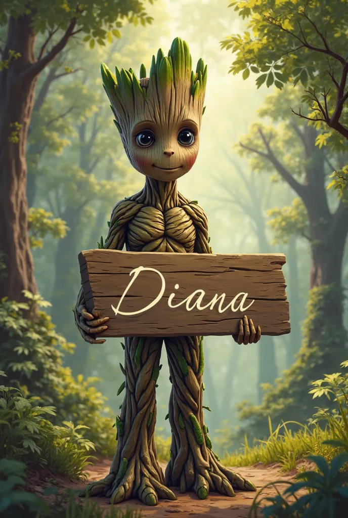 Groot holding a sign with the name Diana