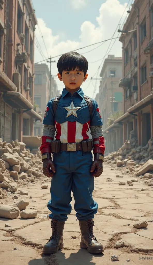 Captain America,  boy, comb over, black hair, determined expression, blue Captain America suit with matching blue pants, standing on a cracked city street as dust rises, realistic style.