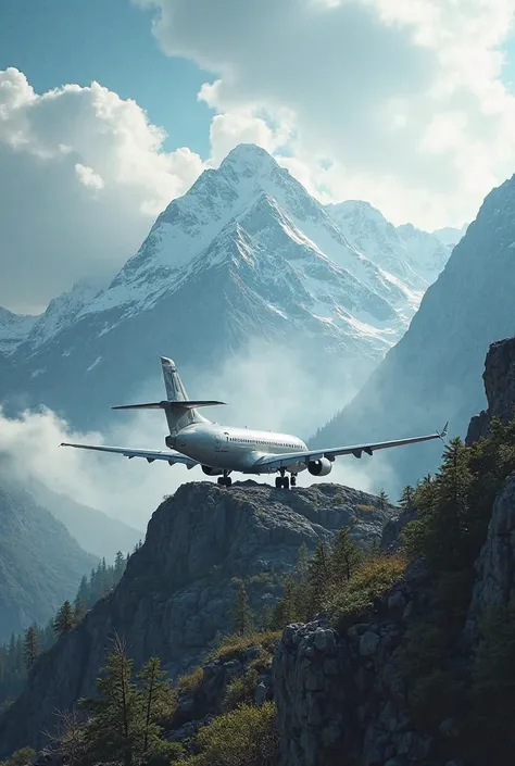 A modern plane lands on a rocky mountain, surrounded by a majestic landscape of snow-capped peaks and dense vegetation. The plane's fuselage is intact, reflecting sunlight, while soft fog covers part of the scene. The environment conveys a serene and myste...