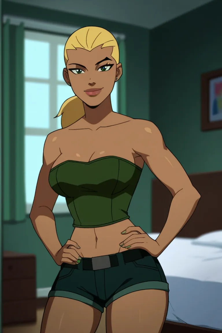 score_9, score_8_up, score_7_up, source_cartoon,artemis, blonde hair, ponytail, big lips, dark skin, large breasts, green tube top, green jean shorts, black BREAK standing, smile, closed mouth, confident expression, looking at viewer, solo, front view, fac...