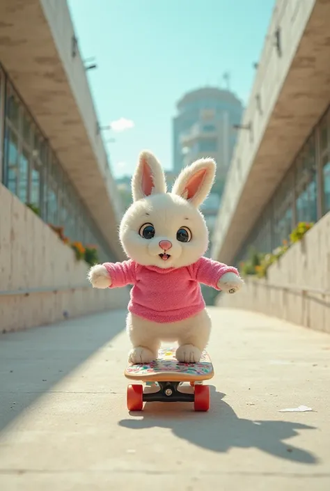 Plush rabbit with a pink shirt skateboarding down the ramp of Palácio da Alvorada