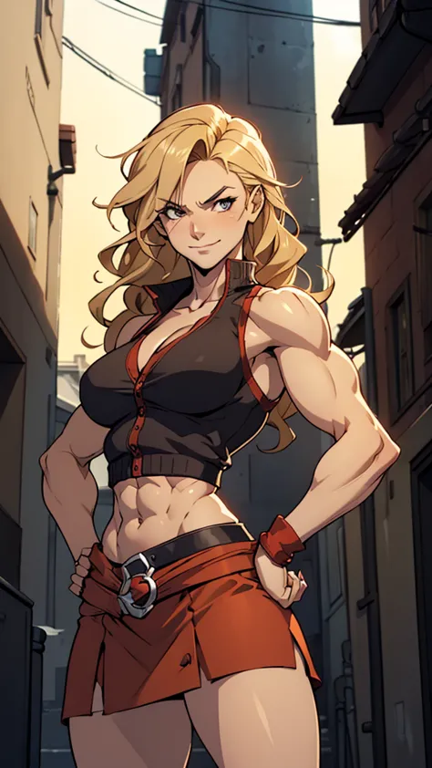 Female assassin doing a double biceps pose, red cardigan, skirt, biceps, triceps, extremely defined abs, wide shoulders, narrow waist, (slim, tall,) toned, blonde hair, large breasts, alleyway, hands on hips, seductive smirk, small smile, beautiful, sharp ...