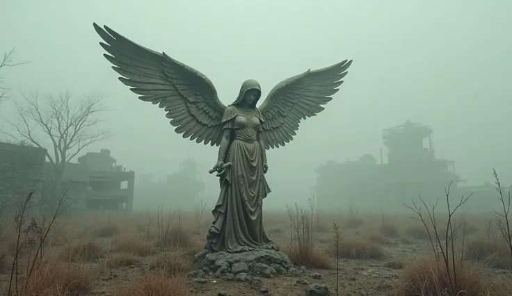 dry grass and scattered debris on the ground,The atmosphere is foggy and overcast, left right are old angel statue, top camera