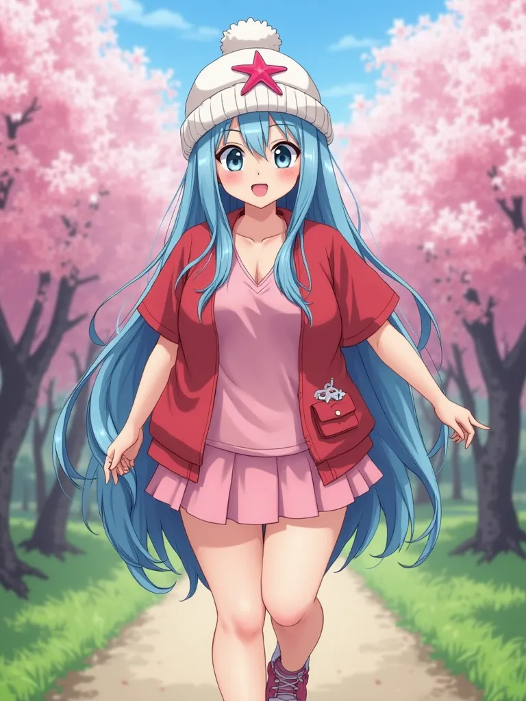 anime  obese girl with long sky blue waterfall hair wearing white beanie with pink starfish patch on front red short short sleeve bolero jacket pink V-neck shirt under it, a very short pink mini skirt and small pink shoes walking through cherry blossom gar...