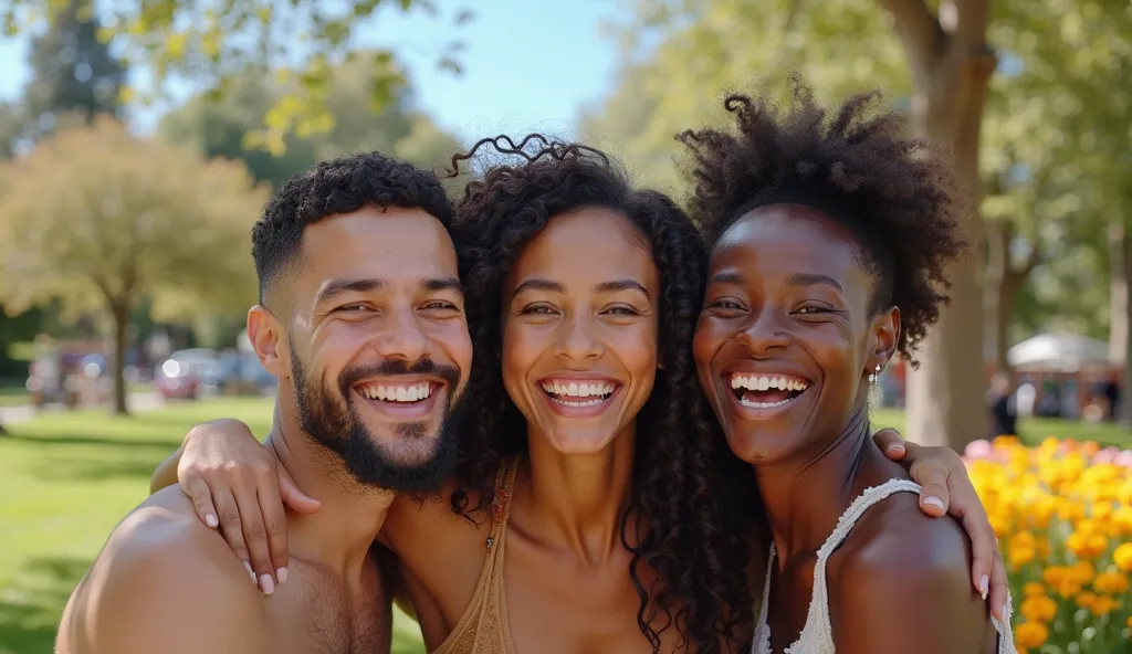 "Three people are smiling and having fun together, demonstrating a deep friendship and genuine joy.  They are in an outdoor environment , in a sunny park, surrounded by trees and colorful flowers. two men, one with fair skin and the other with brown skin, ...