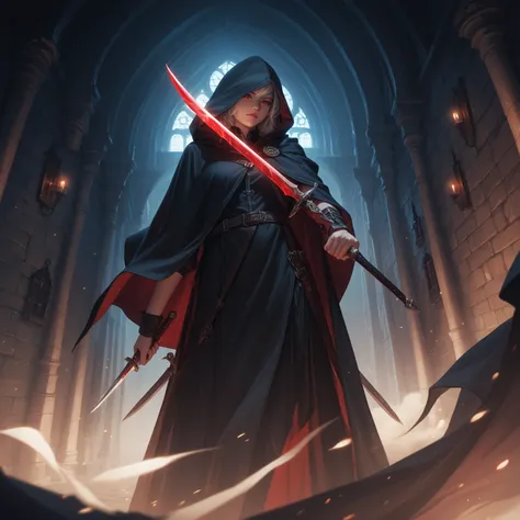 High resolution, dungeon environment, near angle, Pose holding dagger, hooded man, Black cloak, red eyes 