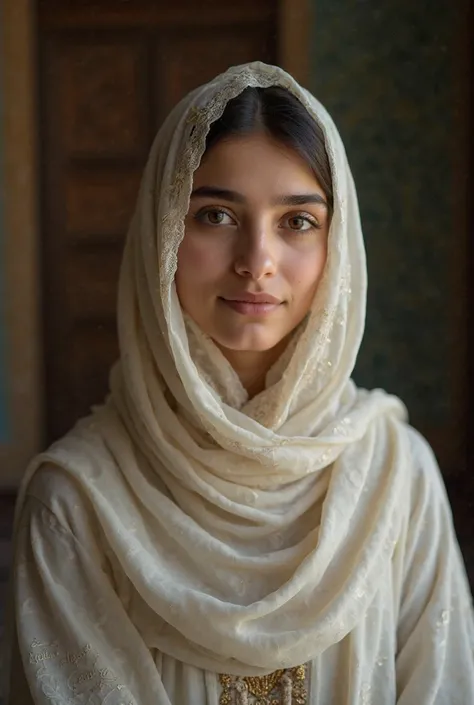 A 15-year-old Egyptian girl with her hijab seated to look pretty 