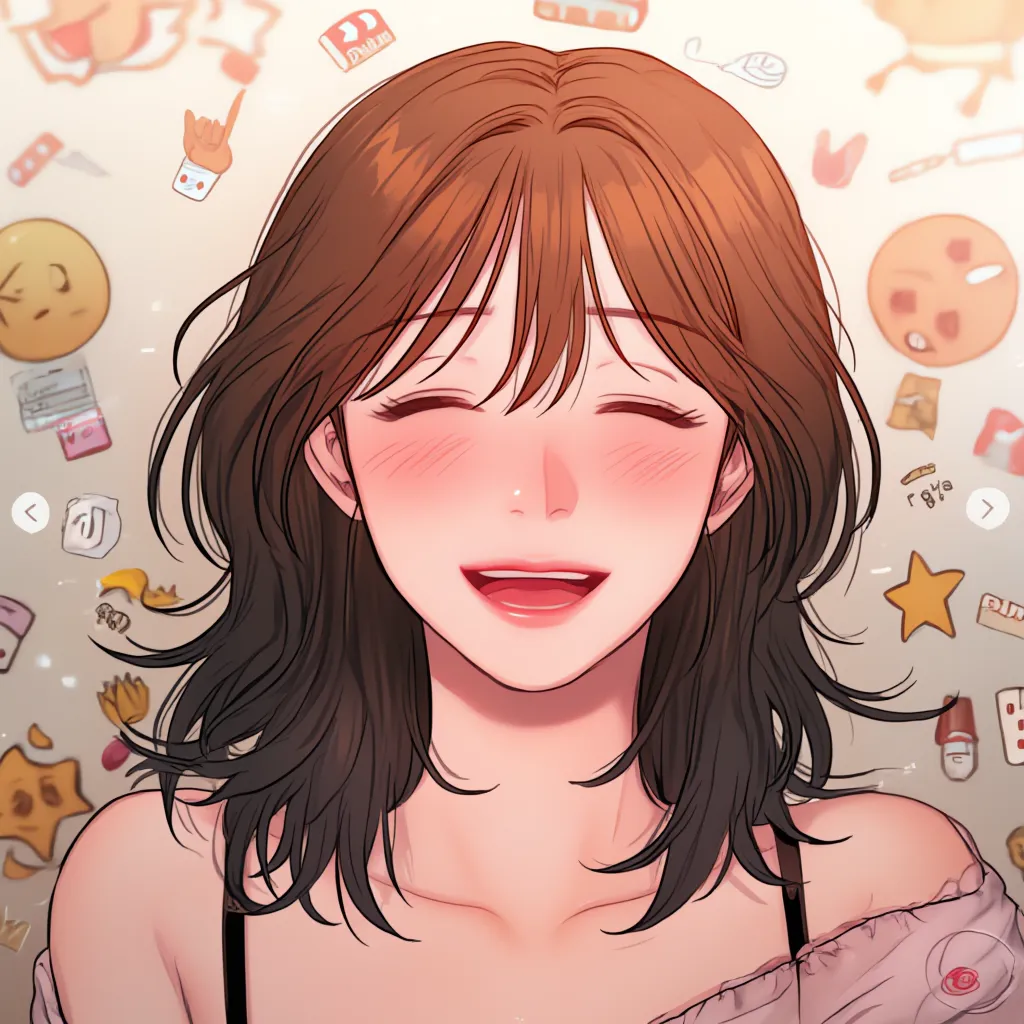 Design inspired by BAD THINKING DIARY
A woman with dark brown hair, Bangs, Medium layered hair, brown eyes, silly girl,  tender smile, eyes closed, Emojis, happy, Shine, 