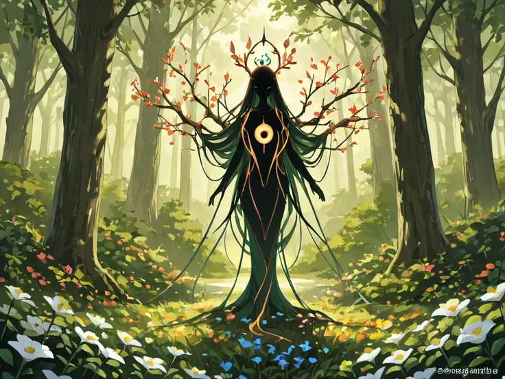   highdefinition images ,  Deep forest painting 、Flowers and blue trees 々 々A mysterious forest full of 、  Mysterious Forest with Magical Beings Hiding in Branches , 8k, （ High Quality Seven Colored Flowers  ）    a forest believed to be inhabited by fairies...