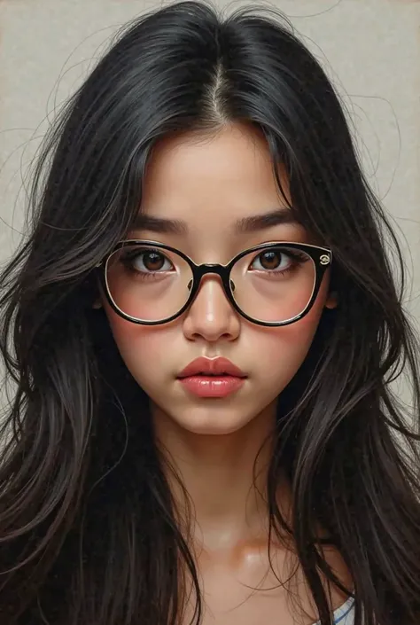 Make a girl of 18 in realistic oil, with long and black hair, Lacio color achabache, with glasses