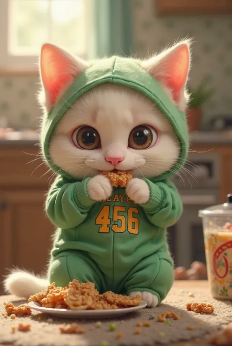 create a cute fluffy cat wearing a player 456 in squid game while eating