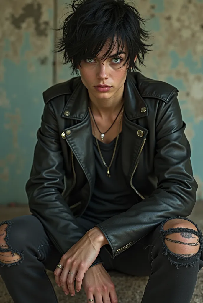  short messy hair, jet black. Intense green eyes with a challenging look. Slim but strong build, calloused and grease-stained hands.   worn leather jacket ,  tight t-shirt, ripped jeans and heavy boots. Simple pendant that never explains, Looking at the sp...