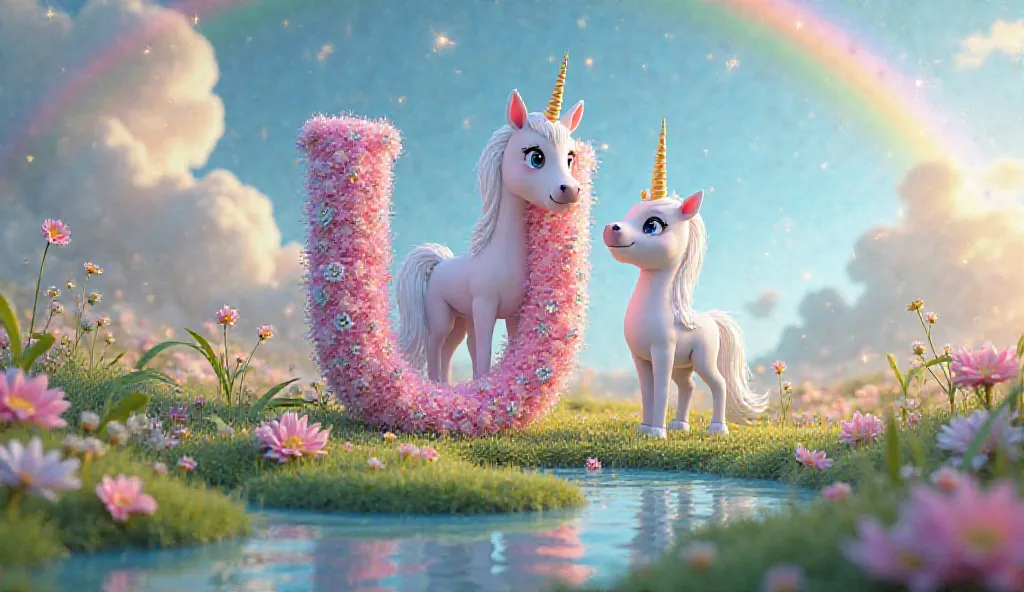 A unique 3D letter 'U' with a unicorn standing next to it, in a magical meadow with rainbows and stars. The letter is glittery and pastel, with a dreamy glow.