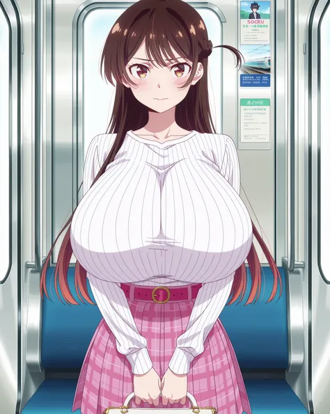 score_9, score_8_up, score_7_up, source_anime, anime coloring, anime screencap, 1 girl, solo, Chizuru Mizuhara (Kanojo Okarishimasu), brown hair, shiny hair, brown eyes, long hair, braid, normal expression, closed mouth, white beautiful skin, gigantic brea...