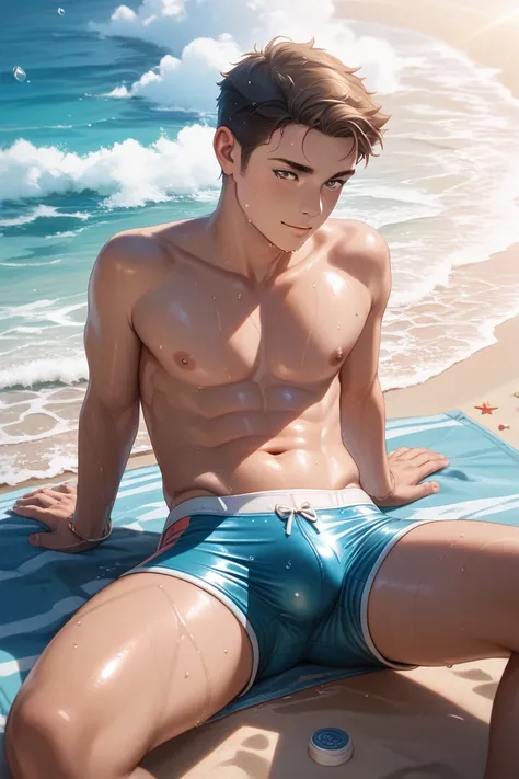 A boy wearing a wet nylon speedo sits on the ground、no shirt, unknowingly pulling fabric。shorts stick to skin、thighs are exposed。Water drops dripping、summer seaside atmosphere