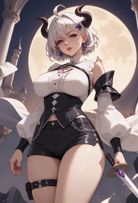 score_9, score_8_up , score_7_up , score_6_up , score_5_up , score_4_up , rating_ Explicit ,  break,  bubukibase, white blouse, detachable arm,  black shorts,   thigh strap  , single high thigh,   White hair , ahoge, piercing,  small horns of purple color,...