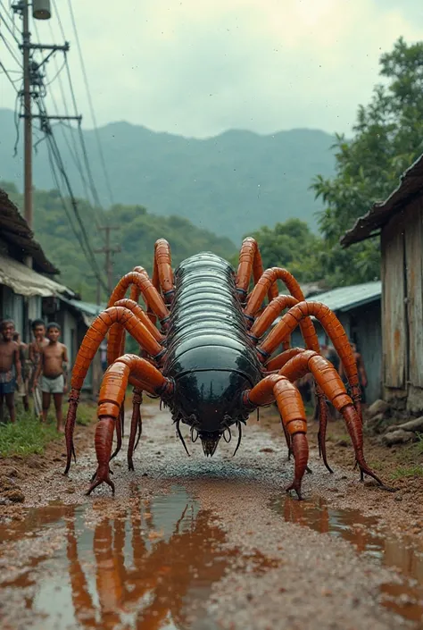 
“A gigantic hyperrealistic centipede walking across a dirt road Wet in a rural village. The centipede has a shiny black body and vibrant orange legs, looking like a creepy alien creature. ren and locals, wearing simple clothes,  savings are around , watch...