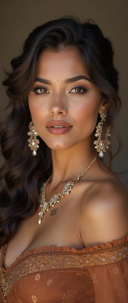 Latin women, goddess of beauty, apsara, swarg, kamini, rumbha, rupsundari, menka, bridal hair, brown diamond necklace, diamond stone,(RAW photo), (realism: 1.8), big and thick lips , lips details, glories makeup, glories perpos, brown glossary lipstick, sh...