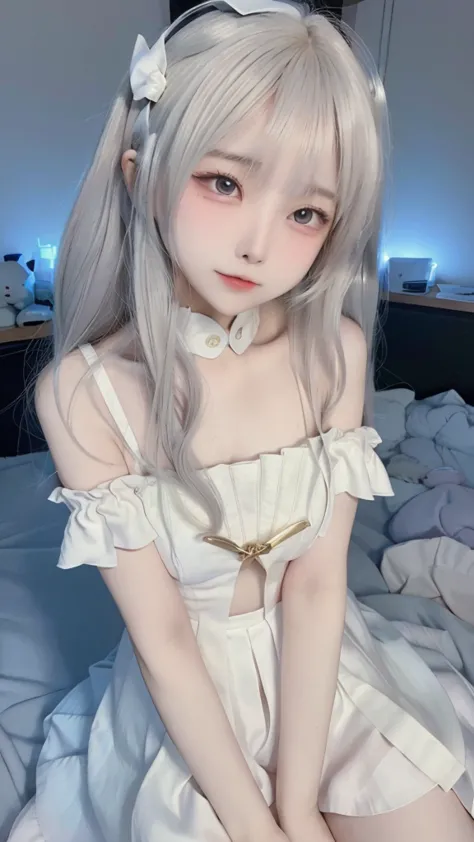 Impeccable，（（（from above））），（（（octave shot））），Ultra-clear，Volumetric lighting，realistically， and cute， Cute little loli，very shy，Raised sexy， fair and soft skin， Eyes are very delicate，Delicate nose，delicate little ，（（（blue））），one of the beautiful girls，cu...