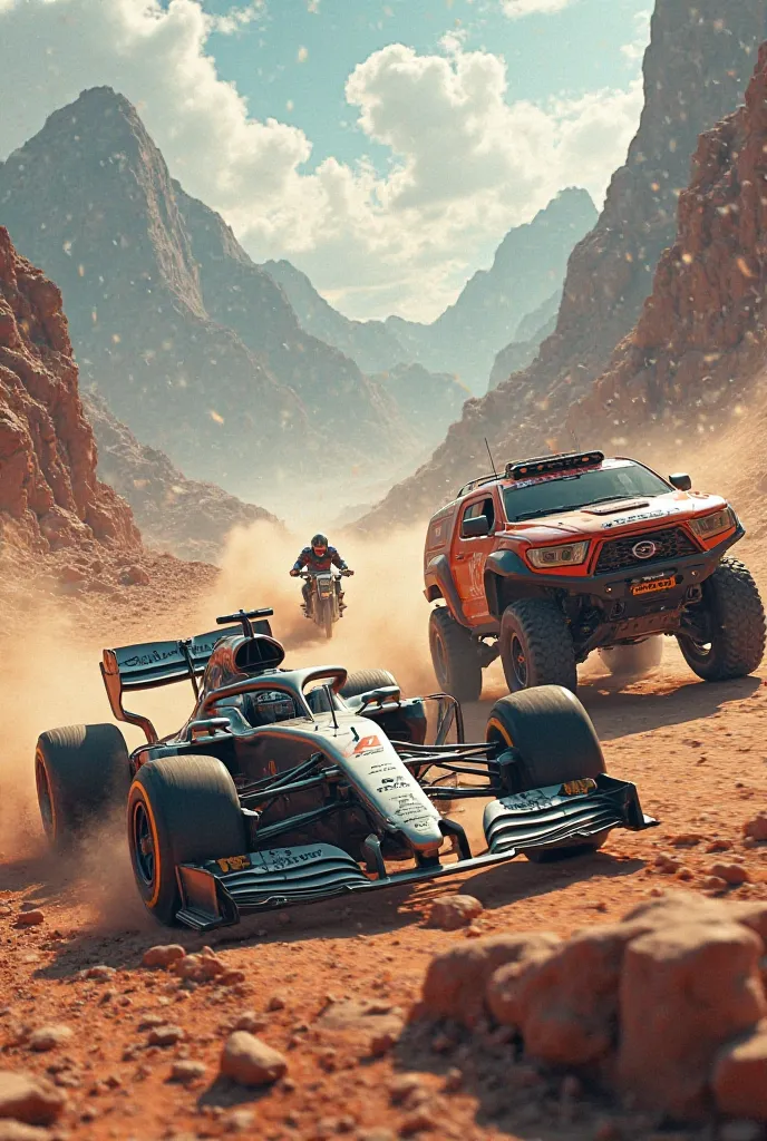 I want a photo with a Formula One car, Another rally, a motorcycle and a Dakar truck 