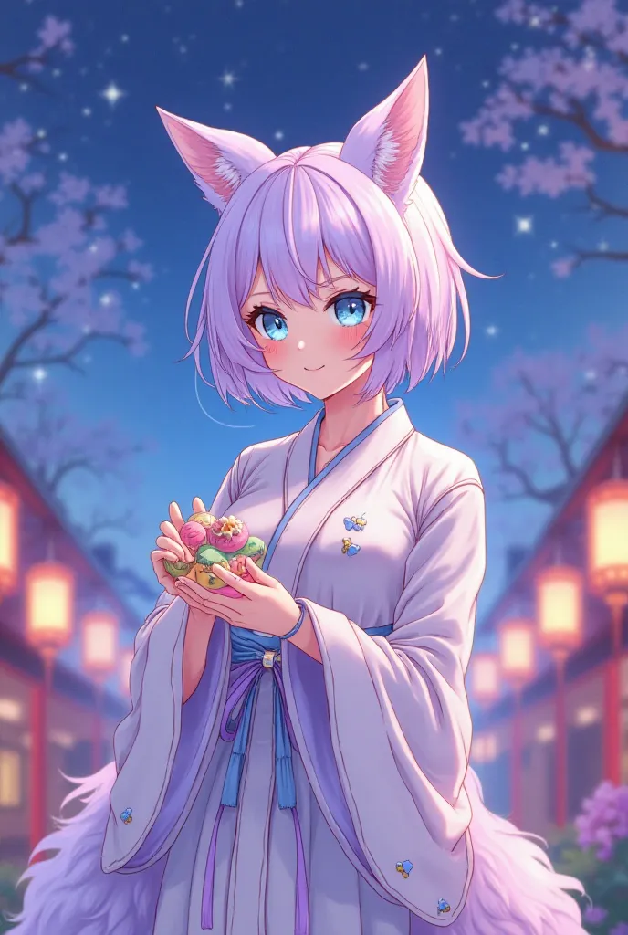 Man, half-human fox, short light purple hair, mullet shape, pastel blue eyes, semi-realistic anime lines with details. The lines in honkai star rail camp game Japanese style dress. The background is a blue night sky in the garden with lamps, purple, pastel...