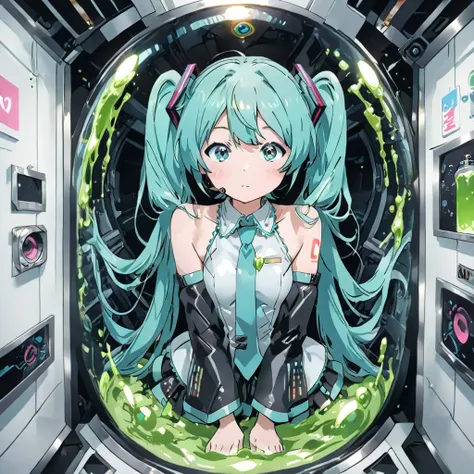 high quality、 anime、Hatsune Miku's fake、Inside the Laboratory、inside a large capsule with green liquid、connected to many devices、metallic futuristic room