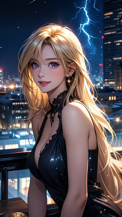 (photo realistic), highly detailed, Award-winning photography, Sharp focus,
A beautiful Scandinavian woman,
extraordinarily beautiful face, blonde, 

The rooftop of a building, intense lightning, starry sky,

shine, glint,
cityscape,
(depth of field:1.30),...