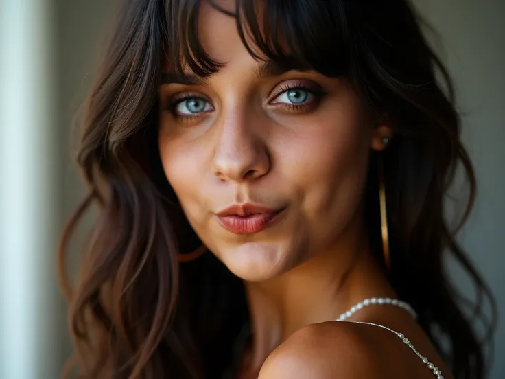 23 year old Brazilian woman, caramel skin, extra long dark brown hair with bangs, vibrant light blue eyes, delicate smile, Flawless makeup, well-defined eyebrows, highlighted eyes, voluminous lips with gloss, face with a touch of glow on the skin, perfect ...