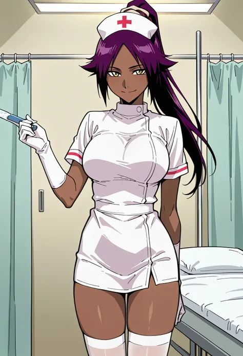 Score_9, score_8_up, score_7_up, source_anime, shihouin yoruichi, solo, ponytail, purple hair, yellow eyes, dark skin, parted bangs, large breasts, (best quality), (high quality), {masterpiece}, extremely delicate and beautiful, ultra-detailed, beautiful d...