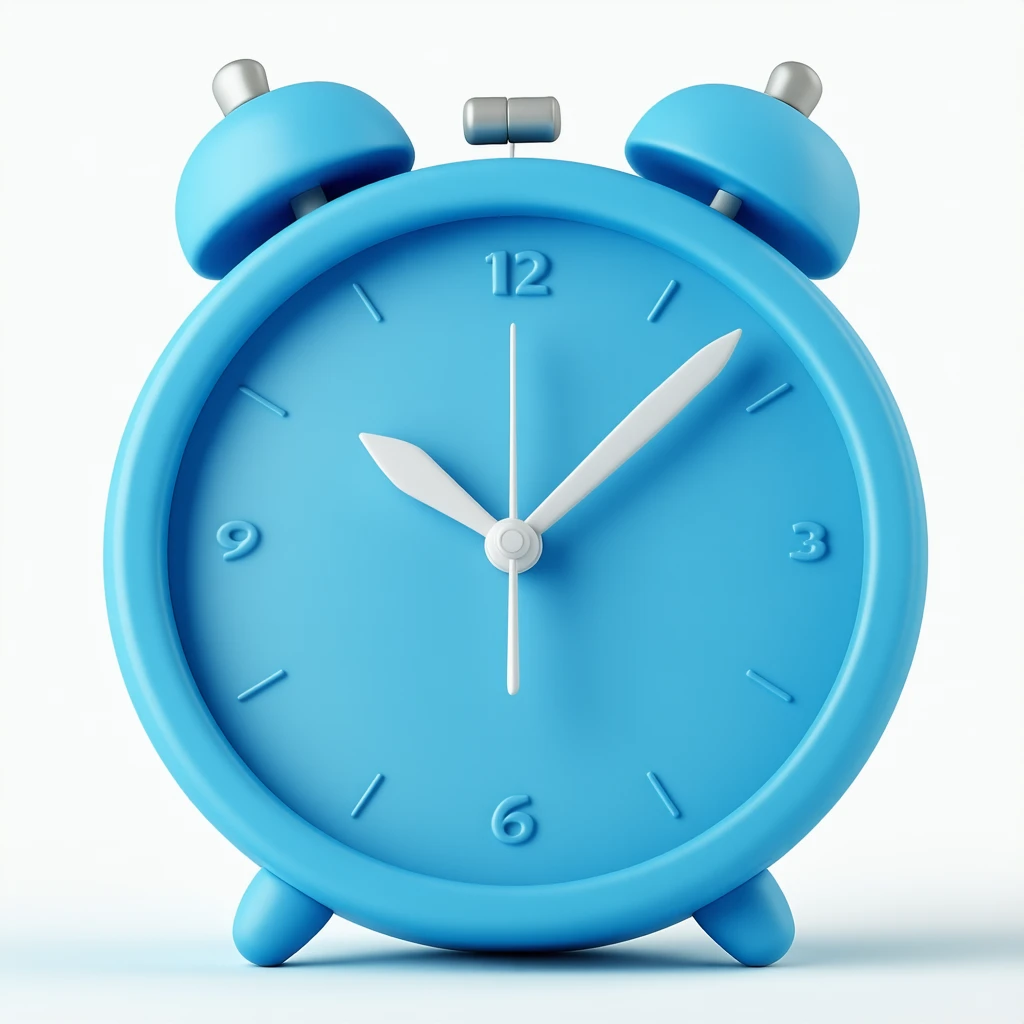 A 3D-rendered blue alarm clock with a soft, rounded design. The clock has two bells on top and a small hammer between them. The face of the clock is minimalistic, featuring simple white hour markers and two hands showing the time at approximately 12:25. Th...