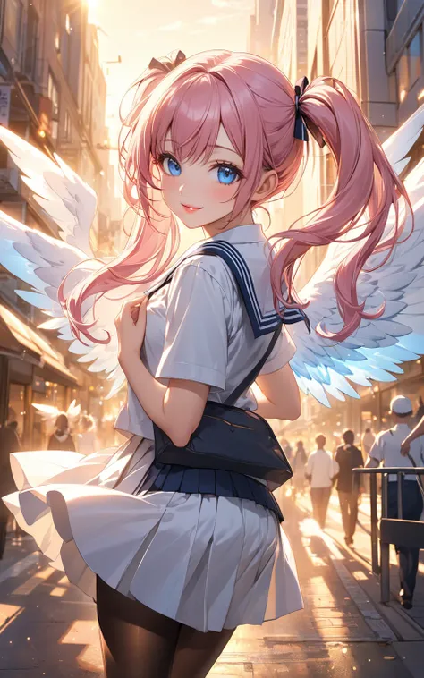 beautiful hands, school uniform, black pantyhose, city, angel, angel wings,
very cute and beautiful girl, (Pink hair:1.2), blue eyes, long hair, beautiful lips, smile, pigtails, looks back