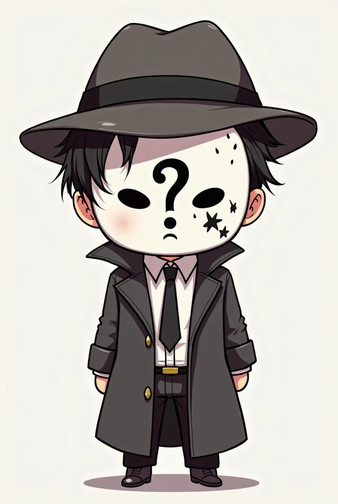 A cute chibi-style character designed as a mysterious investigator. The character wears a white mask with black stains forming a centered question mark. The mask covers the entire face. They wear a classic detective hat, slightly tilted. The outfit consist...