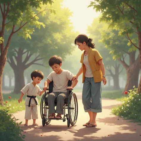 A tall mother pushing her young son in a wheelchair and next to them a white boy with black hair wearing white jiu-jitsu kimono 