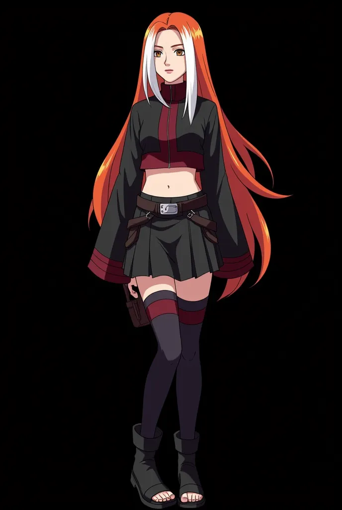  Female character of an 18-year-old girl designed for the Boruto universe: Naruto Next Generarions, in the style of Masashi Kishimoto ,  Aparência:

Age: 18 anos

 Aparência:

 Hair:  long and flaming ,  with an intense orange tone that seems to shine in t...