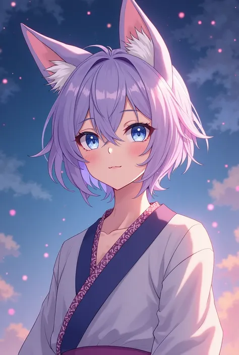 Handsome man, half-human fox, short light purple hair, mullet shape, pastel blue eyes, semi-realistic anime lines with details, lines in honkai star rail game, camp, Japanese-style dress, background as night sky, Perspective composition, hand picking Chine...