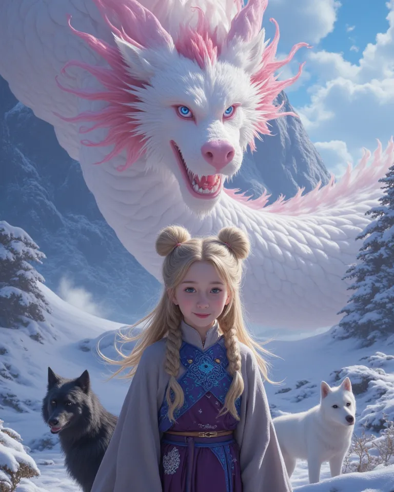 Scandinavian/asian girl. Blonde hair, with twin buns, braids, and bangs. Bright blue eyes, Light Smile. Wearing a blend of asian and nordic clothing, purple,grey,and blue. Two wolf's/dogs, one white, one black. A Chinese loong dragon, pink belly, red sides...