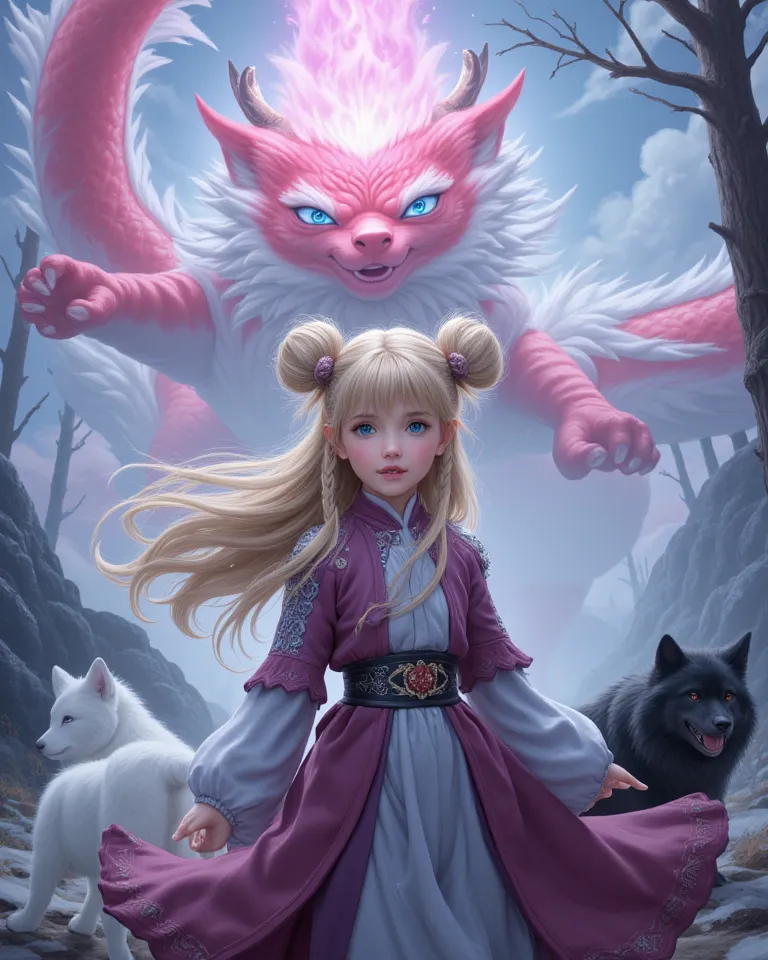 Scandinavian/asian girl. Blonde hair, with twin buns, braids, and bangs. Bright blue eyes, Light Smile. Wearing a blend of asian and nordic clothing, purple,grey,and blue. Two wolf's/dogs, one white, one black. A Chinese loong dragon, pink belly, red sides...