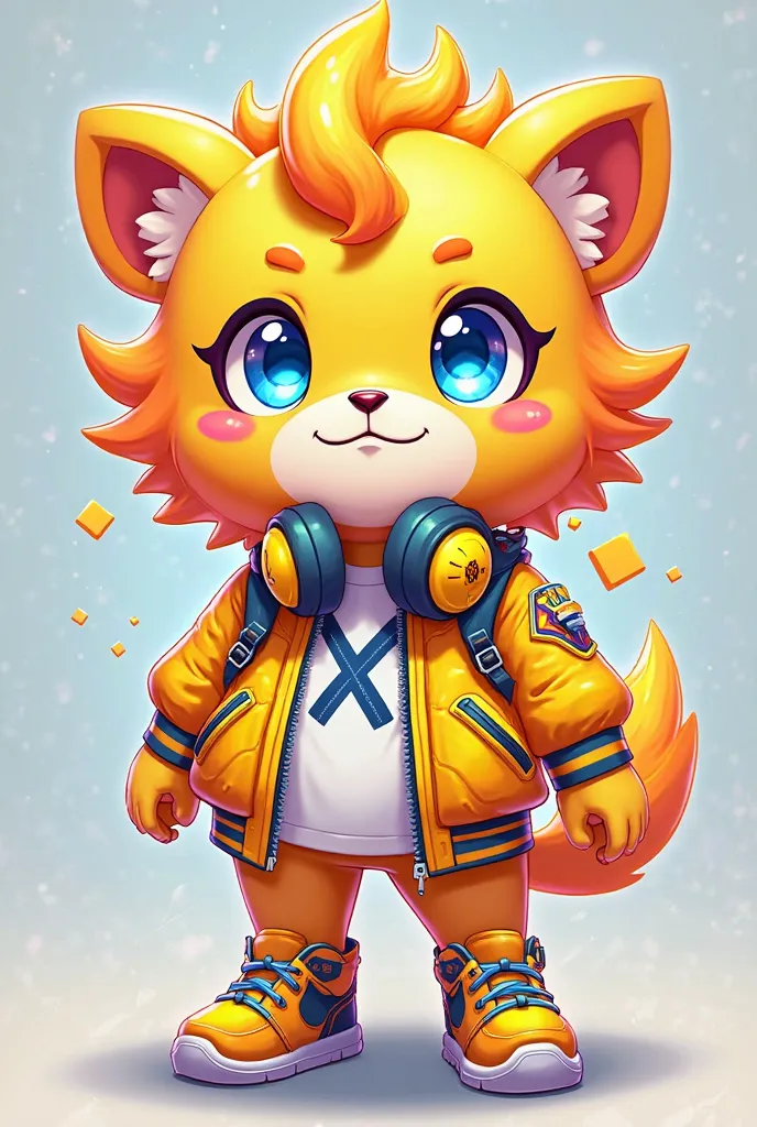  Physical Appearance :** Anime style 
 - **coat**: Ele tem a pelagem dourada e brilhante típica do mico-lion-dourado, but with some modern, as reflections in shades of orange and neon yellow, giving a technological touch.
   - **head**: A small and stylize...