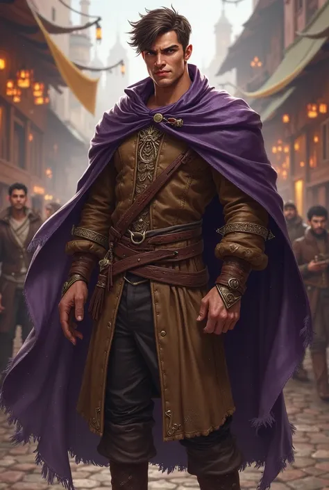 A charismatic and scoundrel bard, tall with a strong body of short hair and dark brown, dark eyes and a charming smile, with a brown robe and a dark purple cape