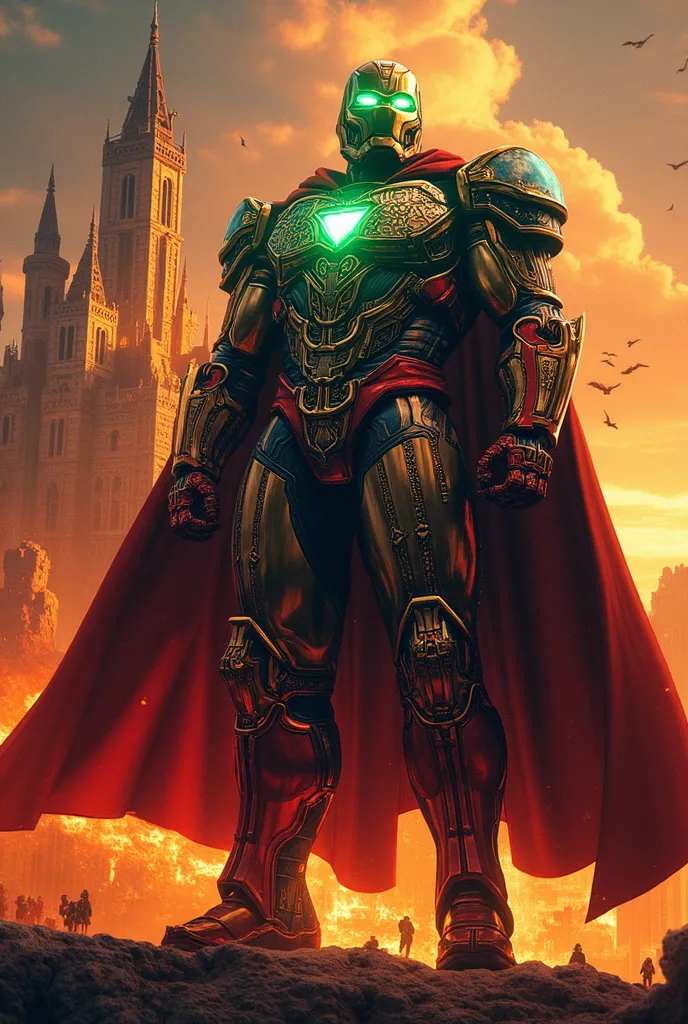 iron man Doom (iron man + Doctor Destiny)

 Image Description :
Uma armadura híbrida que mistura o design elegante e tecnológico do iron man com o estilo medieval e místico de Doctor Destiny. His armor is a fusion of titanium and enchanted metal from Latve...