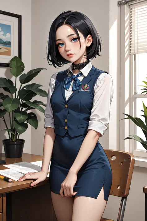 japanese girl,40yeras old,-faced,medium short hair,center-parted bangs,(black hair),(thick eyebrows:0.5),(Slightly thick nose),(offce lady),(Navy blue vest),(Navy blue skirt),(pencil skirt),(Long-sleeved blouse with collar),(white blouse),(background_Clean...