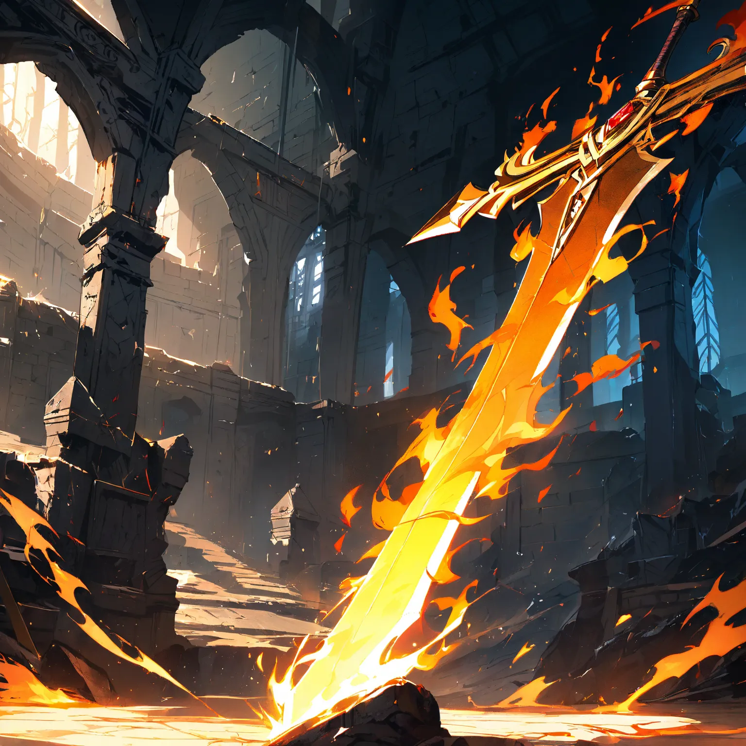 High resolution, dungeon environment, near angle, flaming sword, stuck in the ground