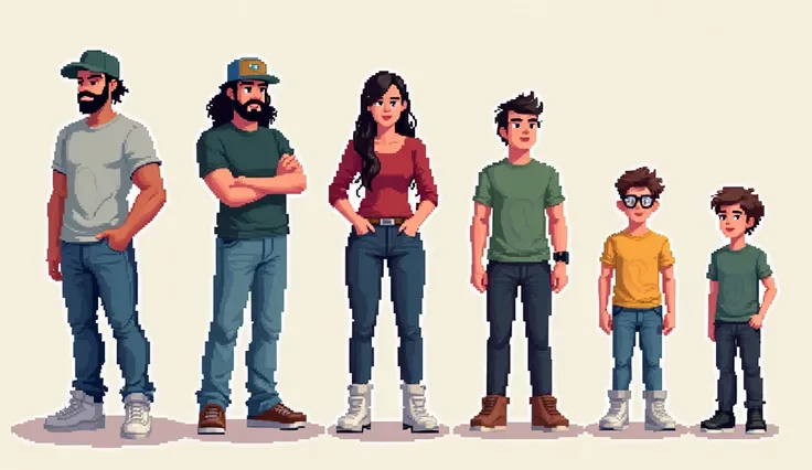 Create characters in Pixelart one that is a man, with a beard and black hair. Who has a cap with a vicera, similar to A 2D VIDEO GAME PLATFORM CHARACTER or based on Megaman. Casual t-shirt clothing, blue jeans red and white sneakers. Add woman in her 30s d...