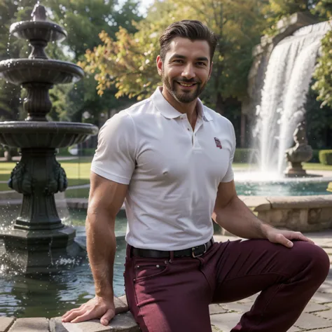 Handsome muscular man with a beard , Strong and muscular legs, large lump, Artwork,  smiling,  Super sexy in burgundy jeans and polo shirt with black stripes Ultra realistic masterpiece of 8k Great detail next to a fountain Super muscular , sexy ,  in the ...