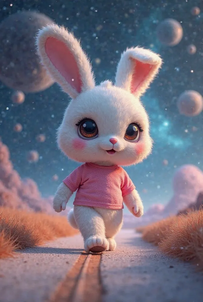 plush rabbit wearing pink shirt in his car walking down a road in outer space 