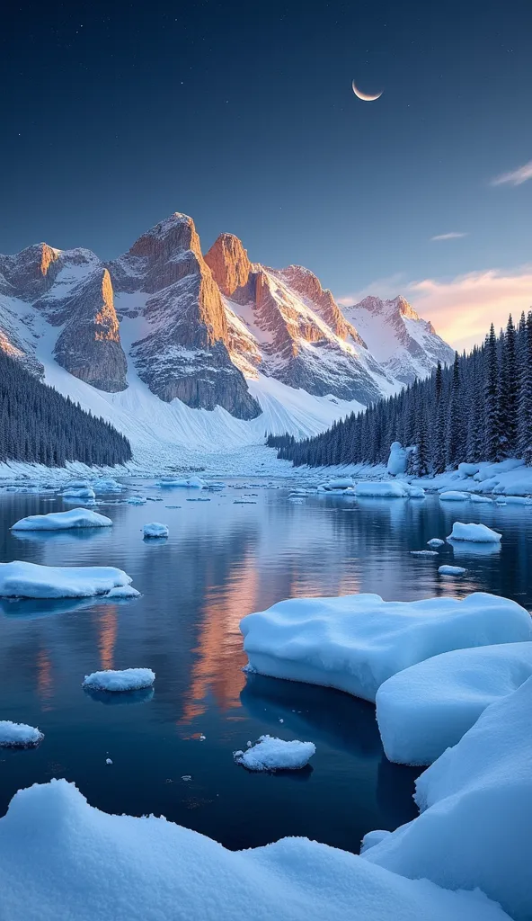 A breathtaking winter landscape featuring a frozen lake with floating ice chunks, surrounded by towering snow-capped mountains. The peaks are illuminated by the warm golden light of the setting sun, creating a stunning contrast against the cool blue tones ...