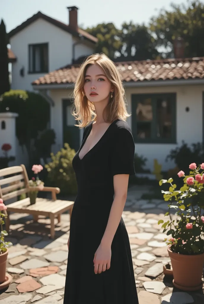 female europeen, female, french , female italienne, female italienne,  blue eyess, Blonde hair et grands yeux,  Natural Makeup ,  subtle maquillage ,  big  , Minors , garden background,  big  ,  big butt , Blonde hair, shy,  black dress  노와르 목걸이,  earrings...