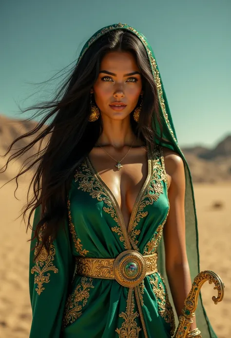 Create an image of a stunningly beautiful goddess standing confidently in a desert setting. She has warm bronze skin and captivating emerald green eyes that shine with wisdom and power. The goddess is 23 years old, with long, flowing black hair cascading g...